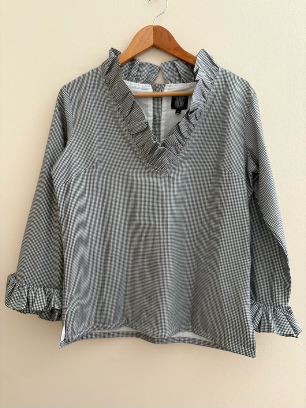 Gingham Ruffle V-Neck Blouse in Black & White - Picture 2 of 10